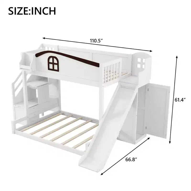 Etagenbett (90x200 cm oben / 140x200 cm unten) mit Rutsche, Regalen, Treppe mit Stauraum und Kleiderschrank für das Kinderzimmer