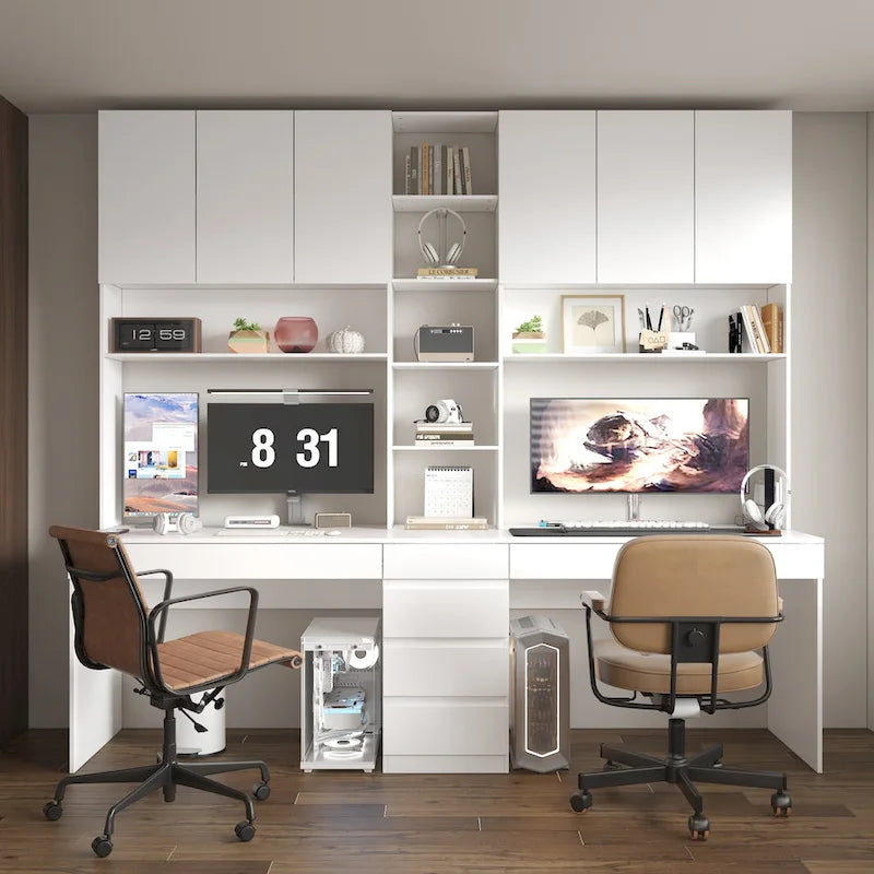 Moderner Doppel-Arbeitsplatz, geräumiger weißer Gaming- und Bürotisch