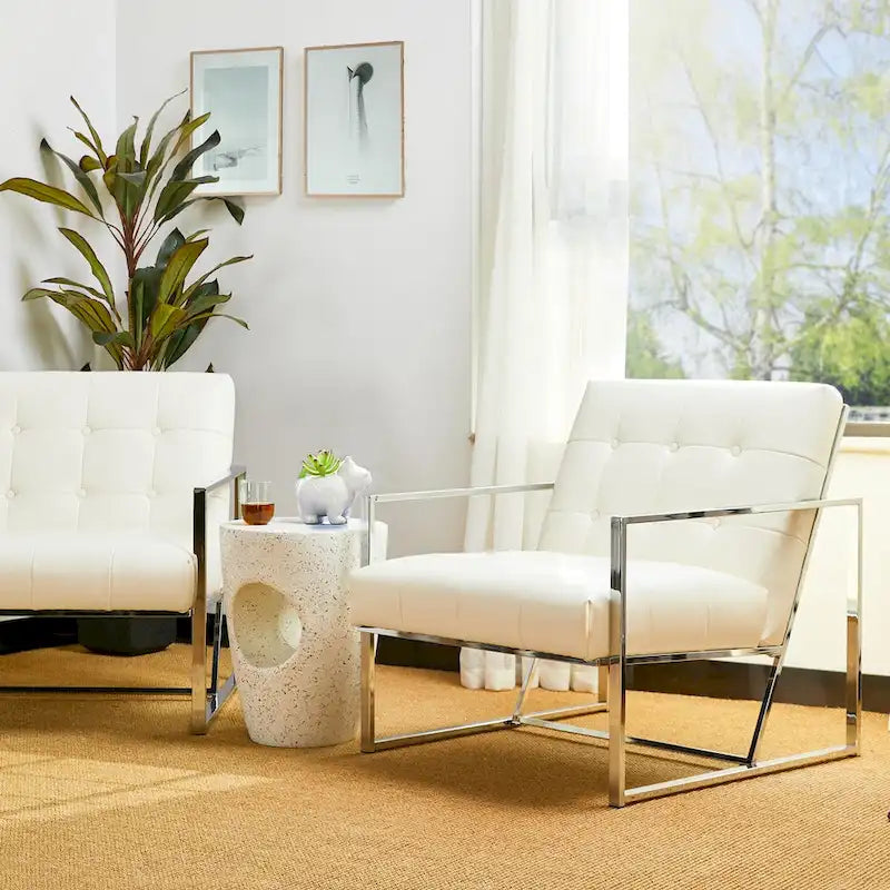 Glitzhome 77,5 cm hoher Mid-Century Akzentstuhl in Creme, PU-Leder mit Knopfheftung und verchromtem Gestell