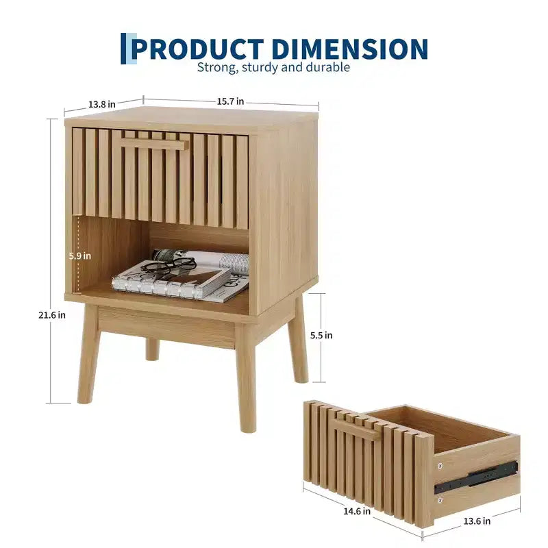 2er-Set Nachttische im Boho-Stil mit gestreifter Schublade und offenem Regal, kompakter Beistelltisch aus Holz fürs Bett, kleiner Beistelltisch für Schlafzimmer und Wohnzimmer
