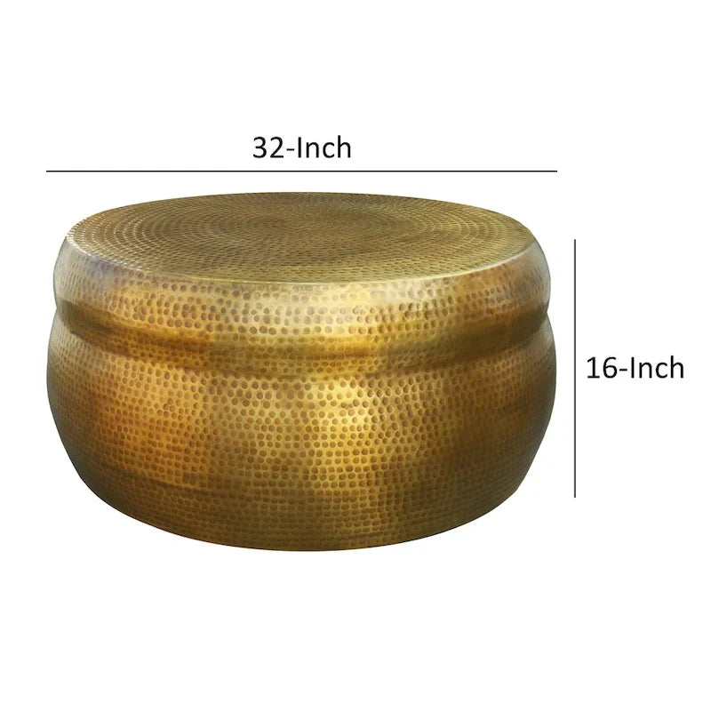 32-Zoll handgefertigter, runder Trommel-Couchtisch, gehämmert mit Prägestruktur, Aluminium, antikes Messing