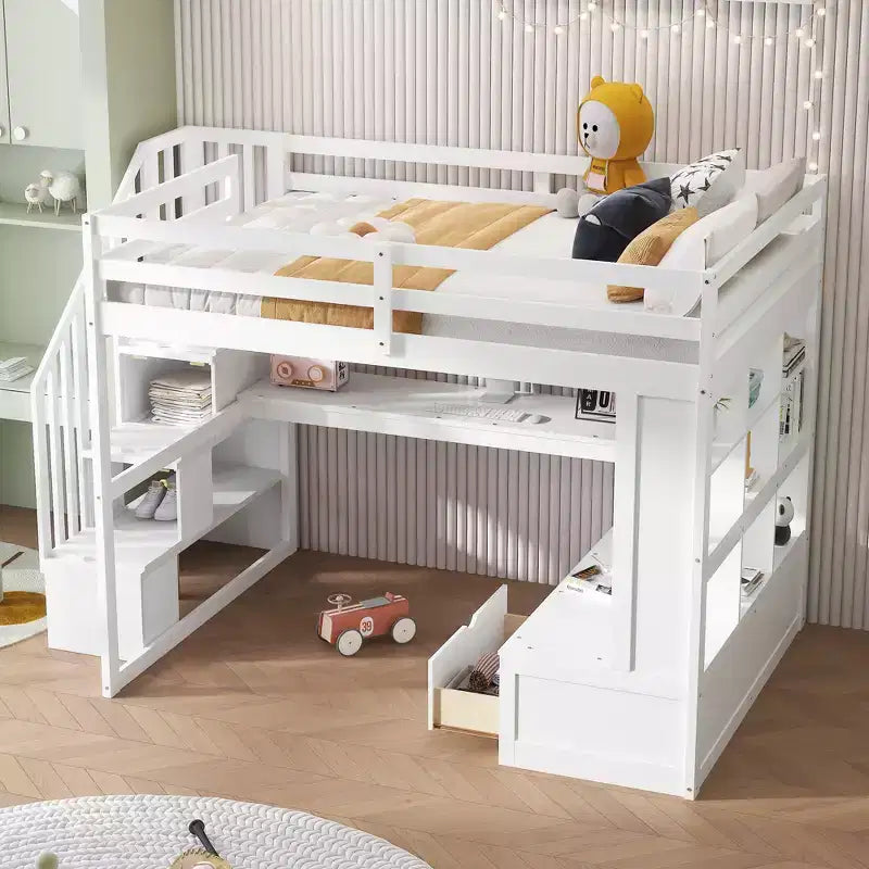 Full-Size-Hochbett mit Treppe und Schreibtisch, Hochbettgestell aus Holz mit Staufächern und Bücherregalen für Erwachsene, Teenager und Kinder