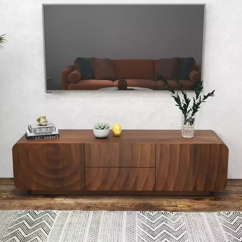 JVNOXK 58-Zoll-TV-Board, Mid-Century-Spiralwellendesign, mit Stauraumschrank und zwei Schubladen, geeignet für Wohnzimmer oder Schlafzimmer, Walnuss