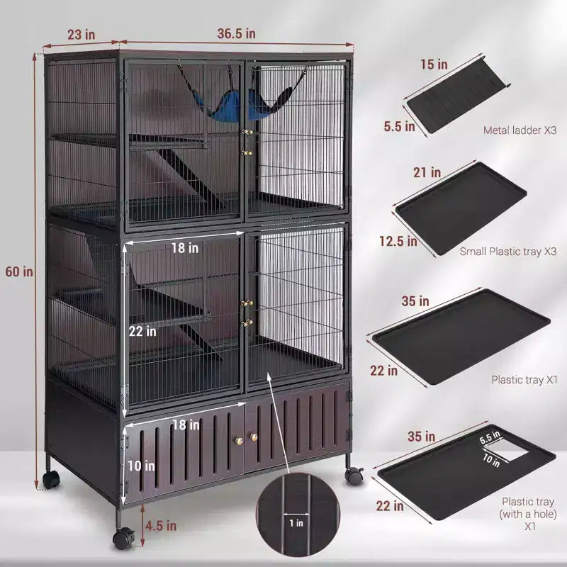Kleintierkäfig, Frettchenkäfig – 150 cm 5-stöckiger Lebensraum mit Unterschrank, inklusive Hängematte/Rollen/herausnehmbaren Rampen/leicht zu reinigenden Schalen