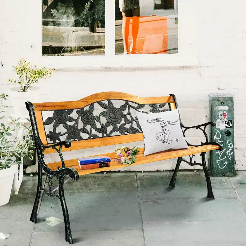 Costway Gartenbank Parkbank Metall Veranda Sitzbank aus Gusseisen und Hartholz