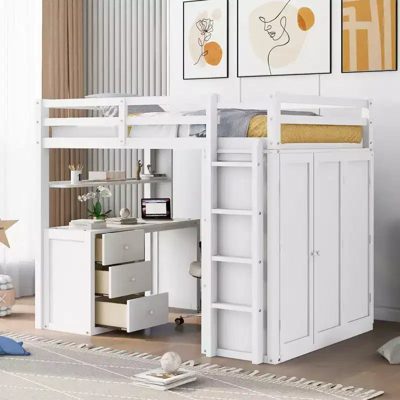 CLIHOME Hochbett in Full-Size mit 3 Schubladen, Schreibtisch und Kleiderschrank