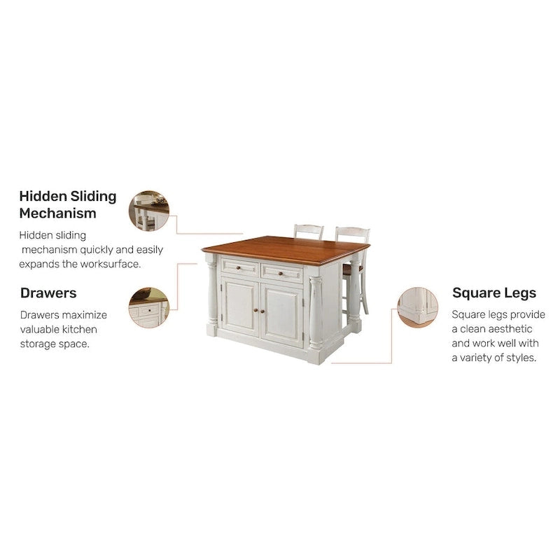 Homestyles Monarch 3-teiliges Kücheninsel-Set aus cremeweißem Holz mit ausklappbarer Holzplatte – 48 x 25 x 36