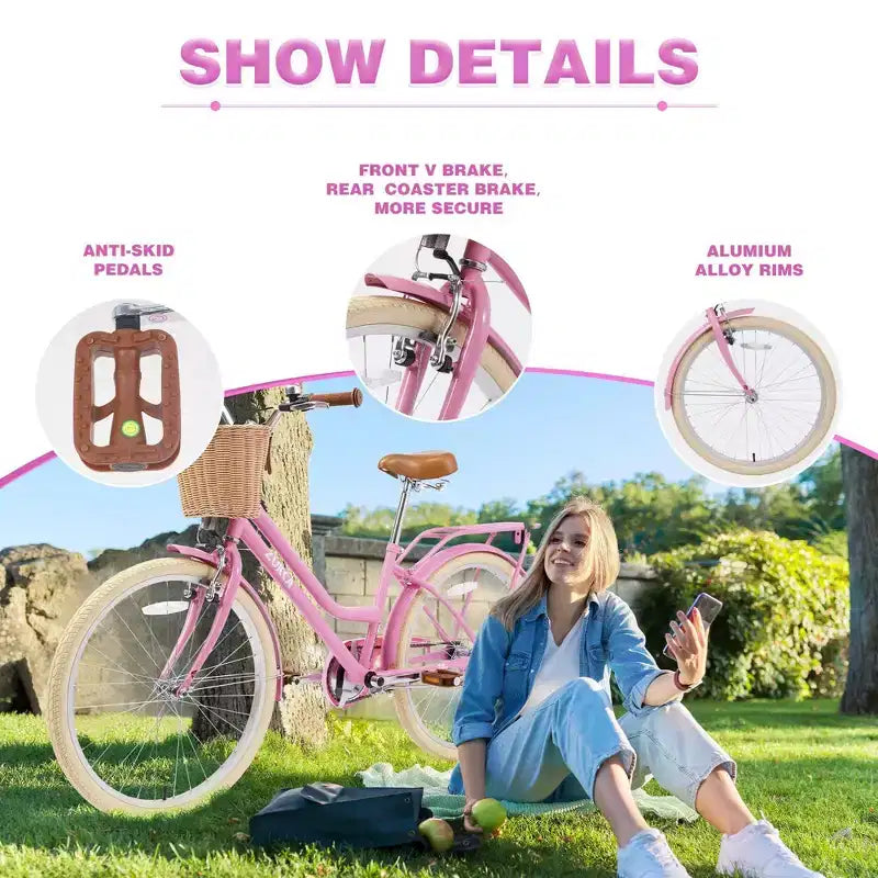 NAYSAYE 24 Zoll Mädchen-Cruiser-Fahrrad, Speed-Hybrid-Citybike für Jugendliche von 7-10+ Jahren mit Weidenkorb & Gepäckträger, Kinderfahrrad