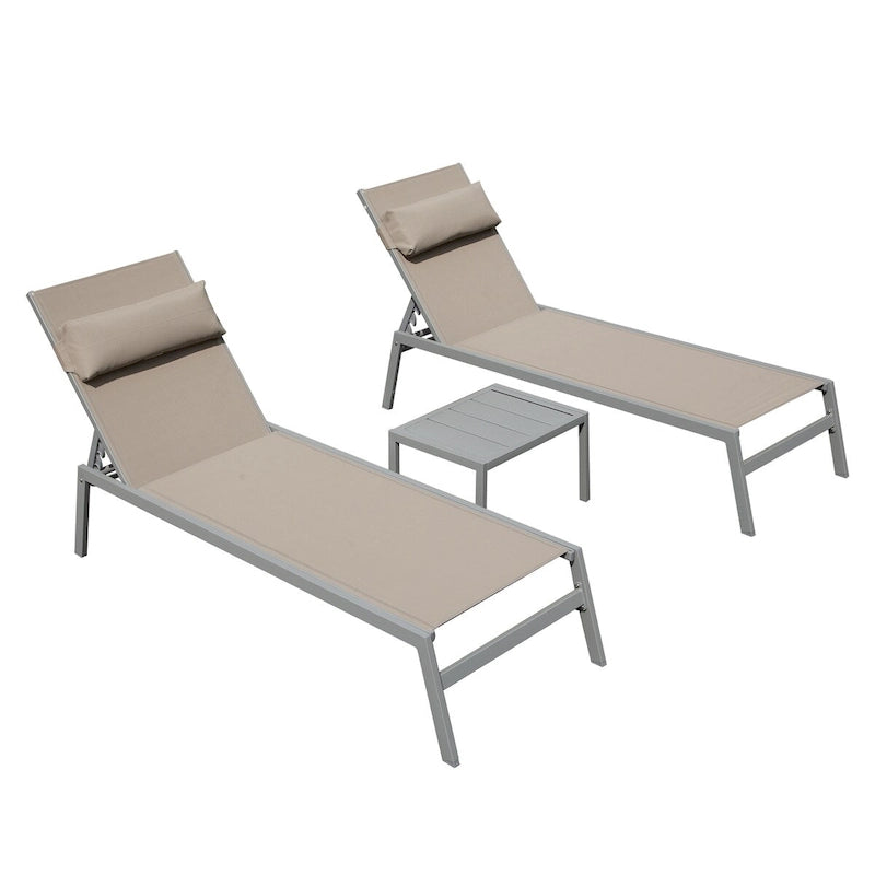 3-teiliges Terrassen-Liegen-Set, Aluminium-Poolliegen mit Beistelltisch, verstellbare wetterfeste Outdoor-Liegestühle