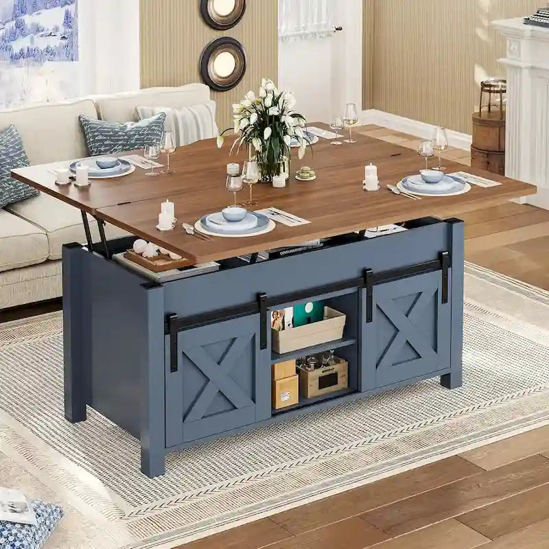 Couchtisch mit Hubplatte, 2 Schiebetüren im Scheunentor-Design und Stauraum, Esstisch