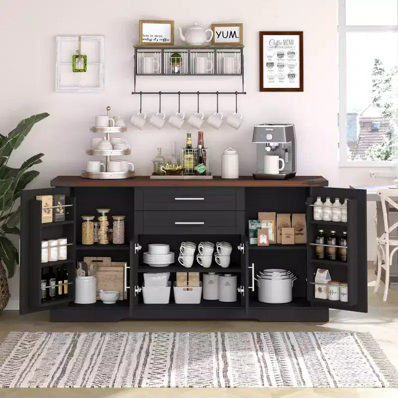 Zeus & Ruta 63 Bauernhaus-Aufbewahrungsschrank mit Scheunentor, 2 Schubladen, verstellbaren Einlegeböden, Kaffeebar-Buffet für Küche, Flur und Esszimmer