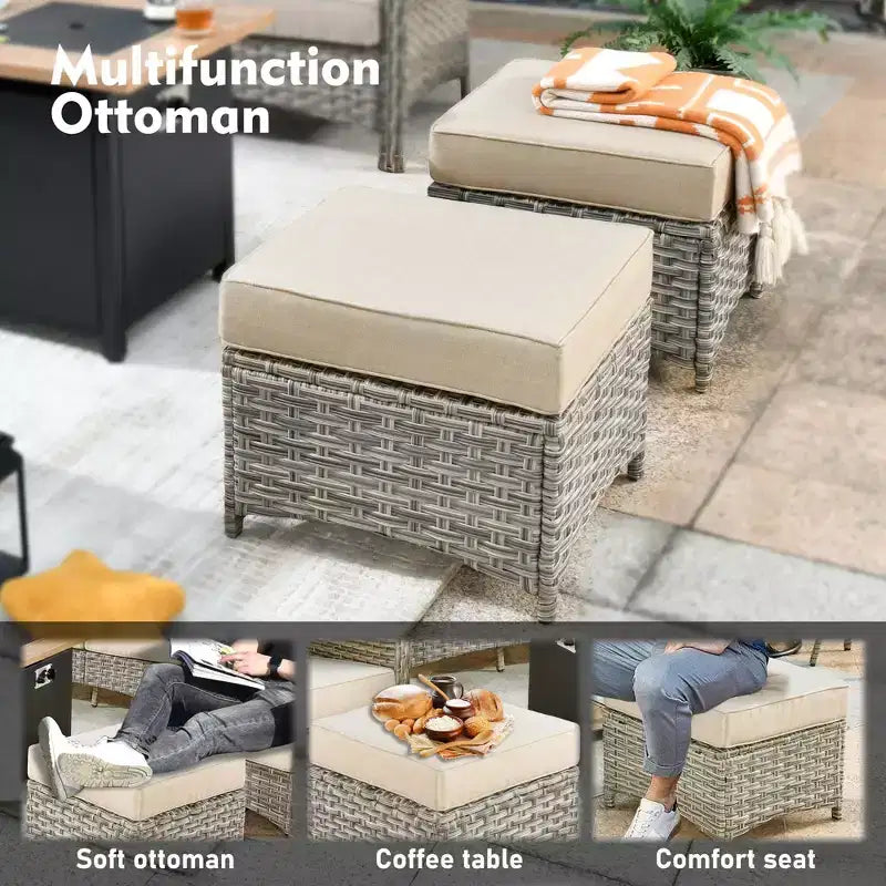 HOMLUX 6-teiliges Terrassen-Loungeset aus Polyrattan mit 3-Sitzer-Sofa und Polstern, Rattanstühlen, Hockern und Couchtisch