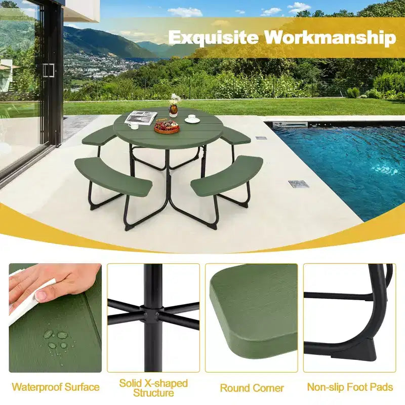 Costway Outdoor 8-Personen-Rund-Picknicktisch-Bank-Set mit 4 Bänken & Sonnenschirmloch Schwarz/Grau/Grün/Weiß