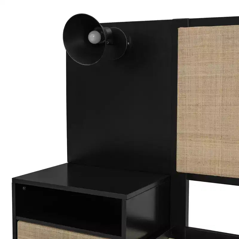Queen-Size-Bettgestell aus Massivholz mit 2 Nachttischen, elegantes Plattformbett aus Rattan-Holz-Kombination mit Lampen - ModernLuxe