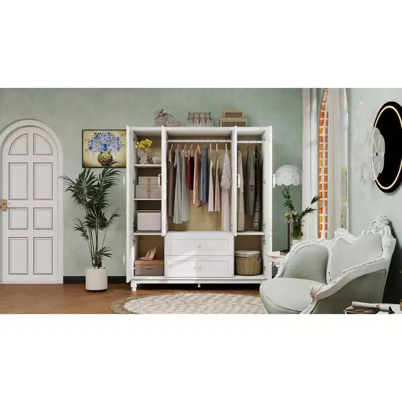 Weiße Holz-Kleiderschrank, 156 cm, mit 2 Schubladen, Kleiderstange und Einlegeböden