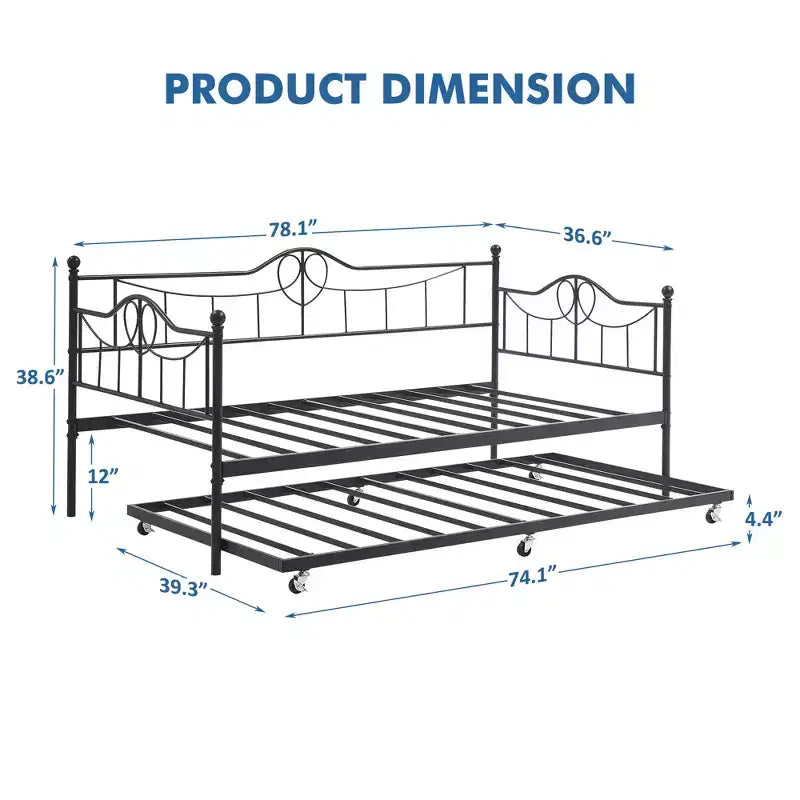 Tagesbett mit Ausziehbett, Metall-Tagesbett mit Gästebett, Tagesbett mit Ausziehbarem Bettrahmen, Sofa mit Stahl-Lattenrost für Kinder, Jugendliche und Erwachsene