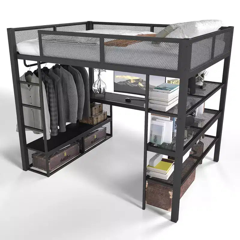 Bellemave Queensize-Metallhochbett mit Schreibtisch, Ablagefächern und Kleiderstange, platzsparendes Hochbettgestell mit Schutzgittern und Leiter, kein Lattenrost erforderlich, Schwarz