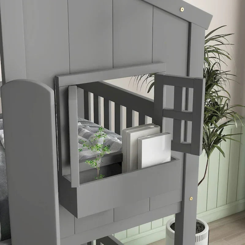 Etagenbett „Haus“ für zwei, mit Dach, Fenster, Blumenkasten und Tür, inklusive Sicherheitsgeländern und Leiter, Grau