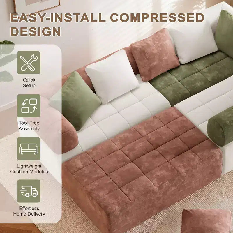280 cm breites, modulares 4-Sitzer-Sofa aus Chenille im Colorblock-Design mit geschwungenen Armlehnen