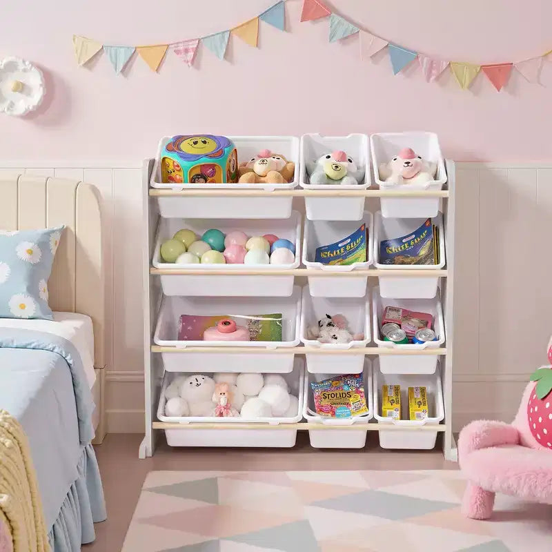 VECELO Kinder-Bücherregal mit Spielzeugaufbewahrung und 12 Körben, Spielzeugregal aus Holz für Kleinkinder, geräumige Spielzimmeraufbewahrung für Bücher oder Spielzeug