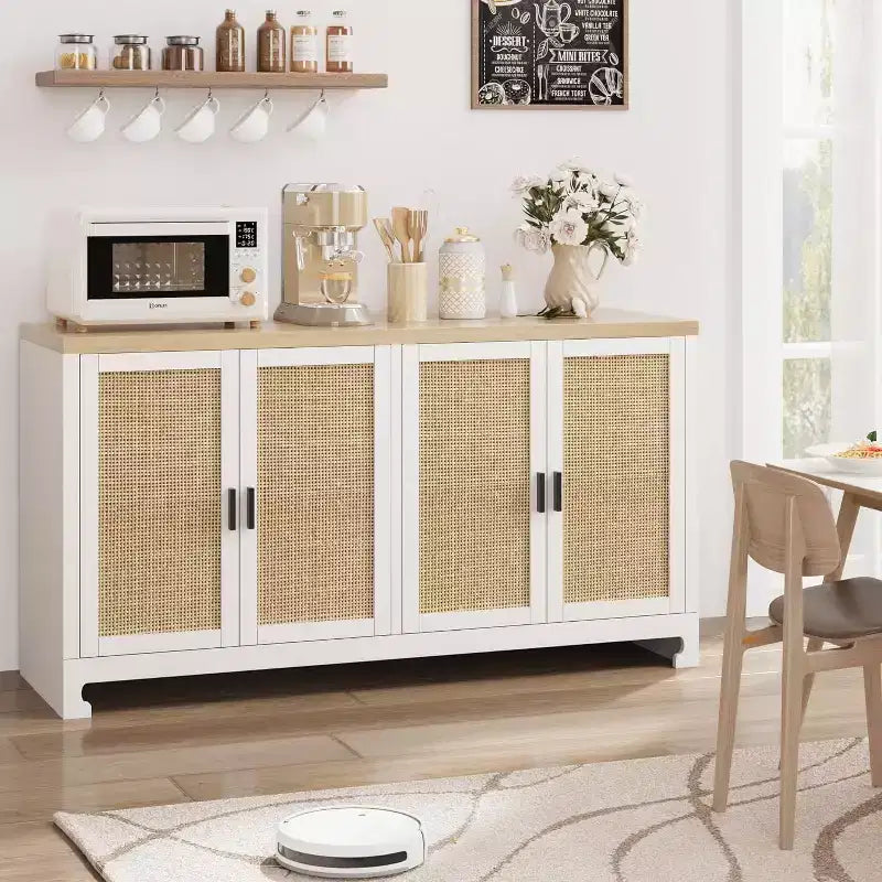 4-türiger Aufbewahrungsschrank aus Geflecht, Buffet-Sideboard mit Ablage, Kaffeebar-Konsole für Küche, Ess- & Wohnzimmer, 36H