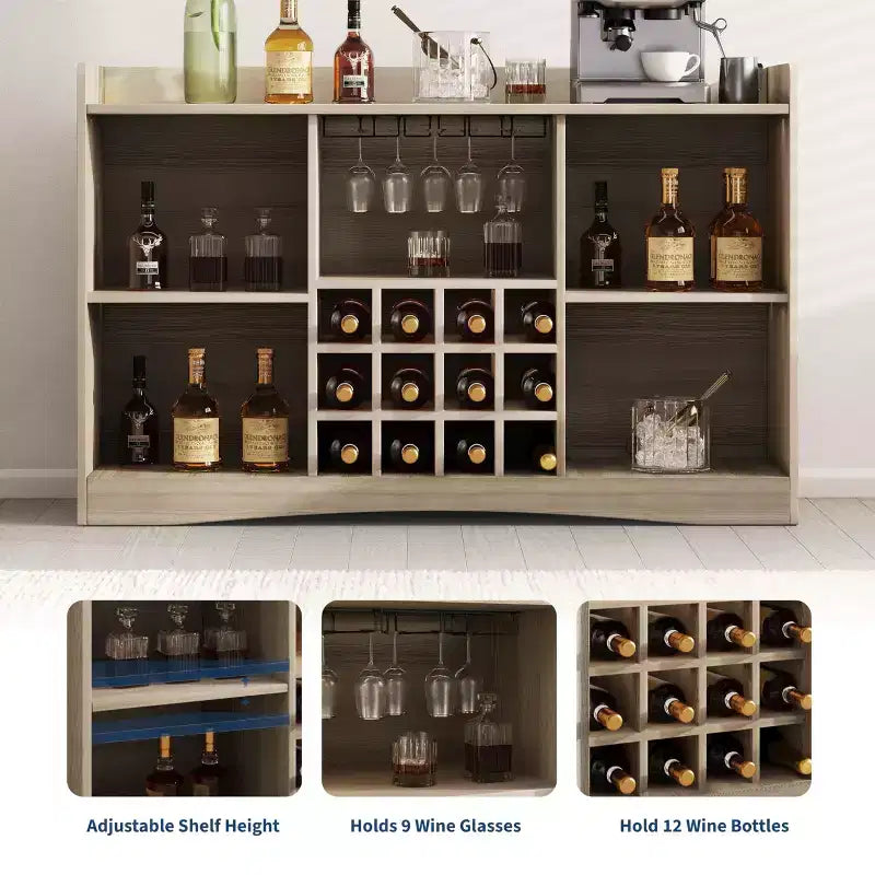 47 Moderner Weinschrank mit 9 Glashaltern, 12 Weinregalen, geriffeltem Design, 2 Türen, Buffet-Sideboard-Aufbewahrung für Ess- & Wohnzimmer
