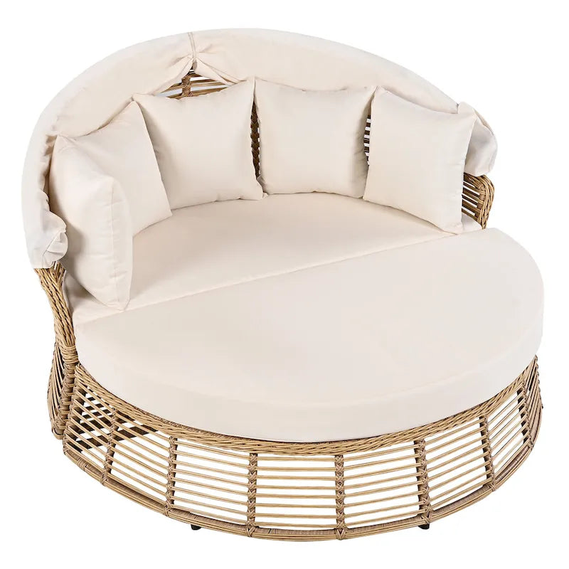 Rundes Outdoor-Rattan-Tagesbett mit Sonnendach und abnehmbaren Kissen