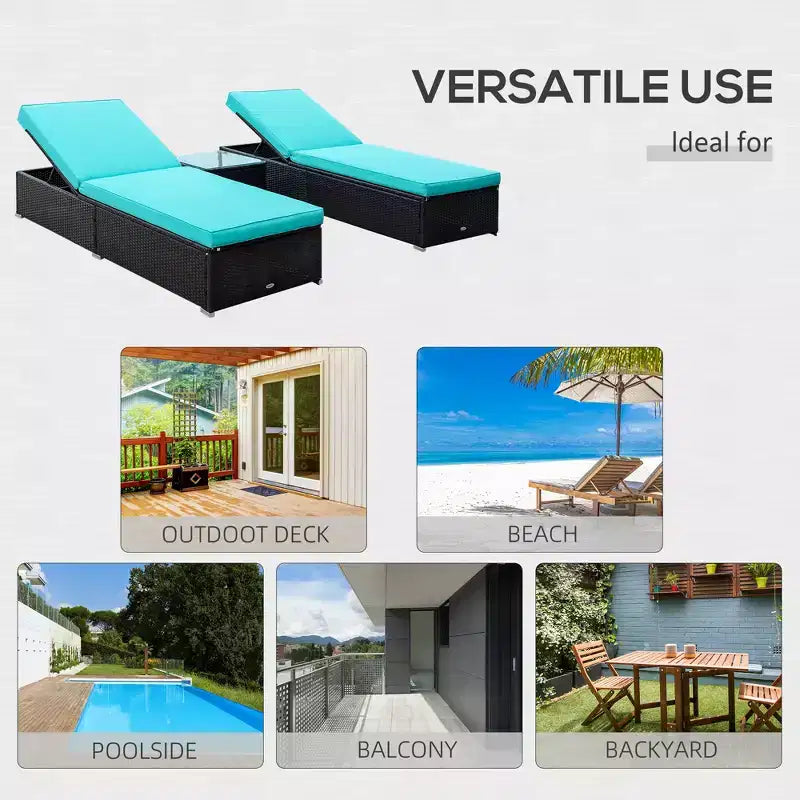 Set aus 2 Sonnenliegen mit 5-fach verstellbarer Rückenlehne, Outdoor-Couchtisch, wasserabweisenden Polstern und PE-Rattan-Geflecht für den Poolbereich