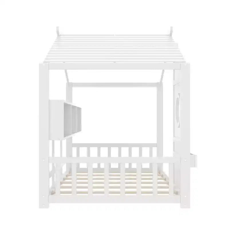 Bodenbett für Kinder in Twin-Größe, Montessori-Hausbett mit Ablagefach und Dachdesign