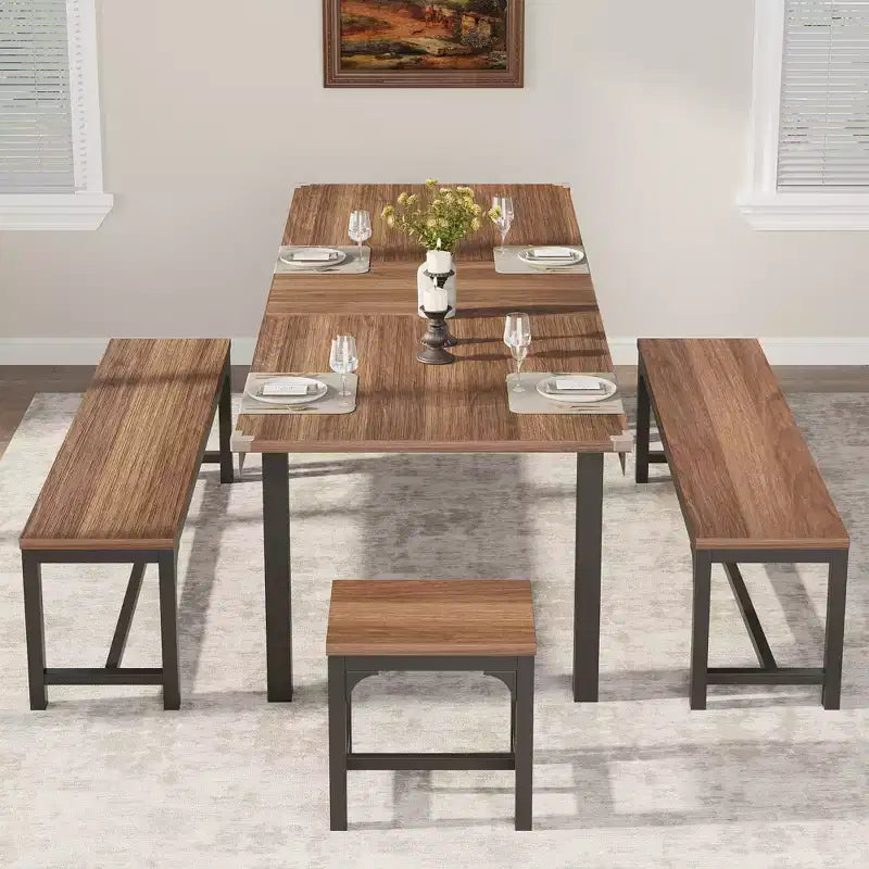 5-teiliges Esszimmerset für 4-6 Personen, 63 Zoll großer ausziehbarer Esstisch mit Bänken und Hockern