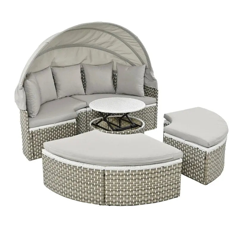 Rundes Outdoor-Tagesbett, zweifarbiges Flecht-Sonnenbett mit versenkbarem Dach