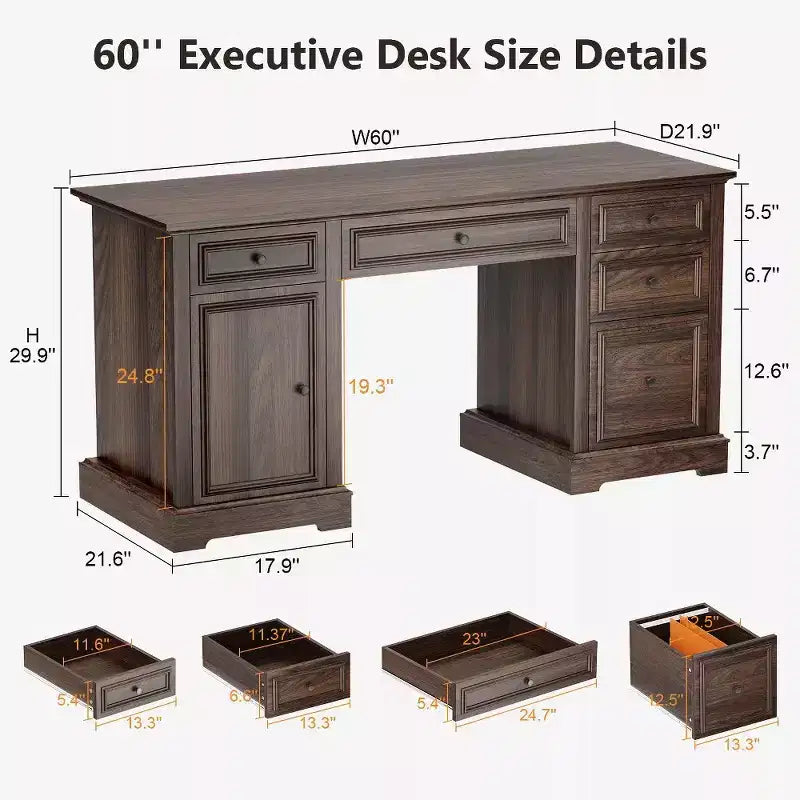 60-Zoll-Schreibtisch im Landhausstil fürs Homeoffice – Holzschreibtisch mit Schubladen und Stauraum im Schrank, rustikaler Schreibtisch für Arbeit und Studium