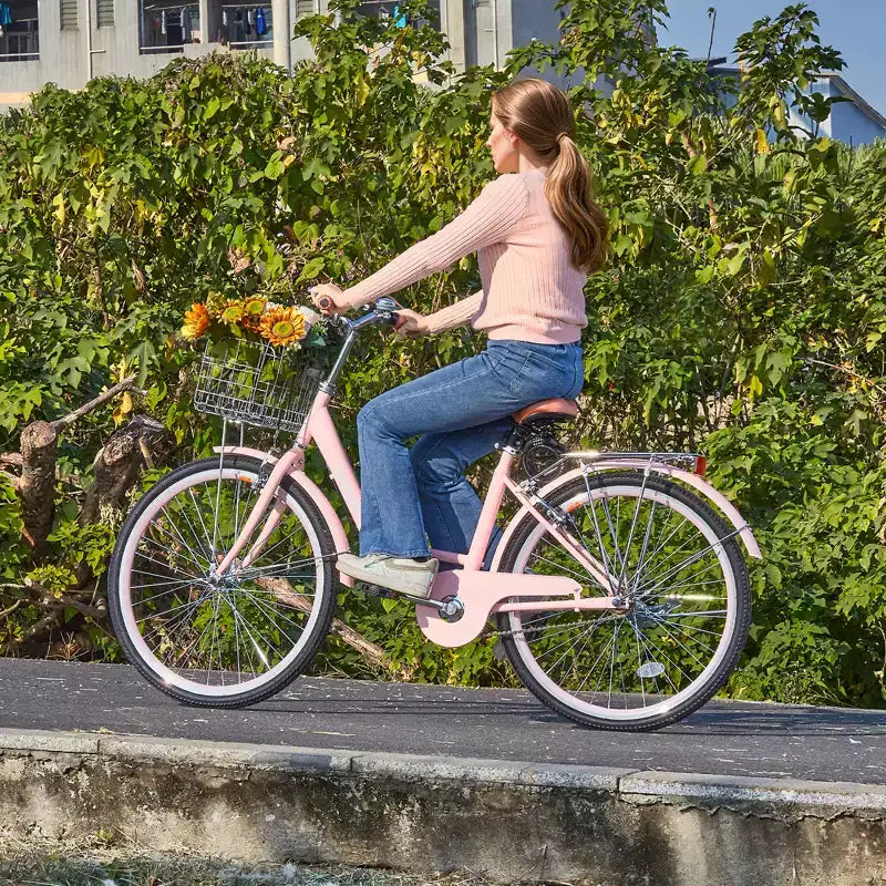 VEVOR Beachcruiser, 1-Gang, 26-Zoll Damen-Fahrrad in Pink mit großem Korb und Gepäckträger, sicheres und stabiles Citybike, Pink