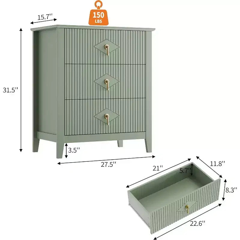 2 Stück geriffelte Holz-Nachttische, 27,5 breit, 3-Schubladen-Kommoden-Set, moderne Beistelltische, Schubladenschrank für Schlafzimmer und Wohnzimmer