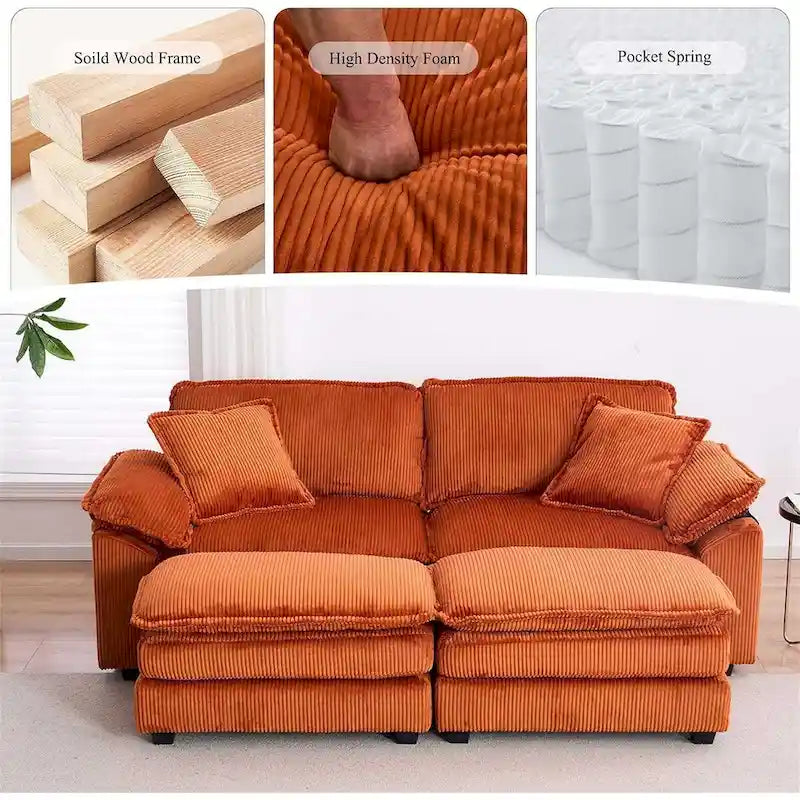 Modernes 2-Sitzer-Sofa aus Cord mit 4 Stützkissen und 2 Hockern