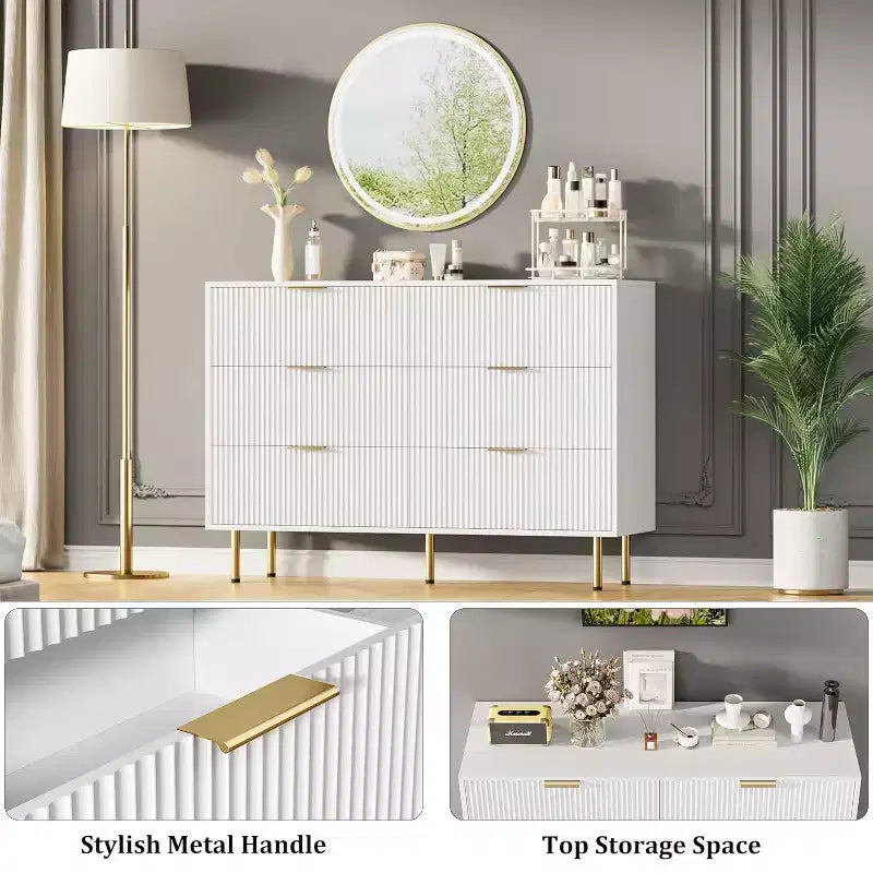 COZONY 6-Schubladen-Kommode mit geriffeltem Design, moderner Holz-Aufbewahrungsschrank, breite Schubladenkommode für Schlafzimmer, Wohnzimmer und Eingangsbereich