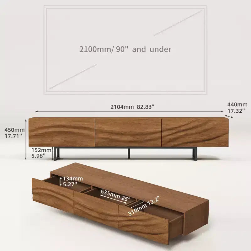 82,83 Zoll moderner TV-Schrank mit Schubladen aus Massivholz und Lüftungsschlitzen, Medienkonsole fürs Wohnzimmer