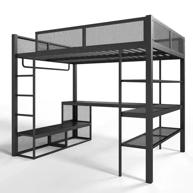 Bellemave Queensize-Metallhochbett mit Schreibtisch, Ablagefächern und Kleiderstange, platzsparendes Hochbettgestell mit Schutzgittern und Leiter, kein Lattenrost erforderlich, Schwarz