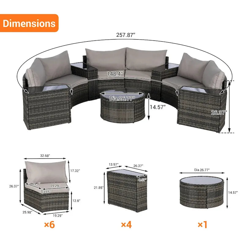 11-teiliges modulares Outdoor-Sofa-Set mit halbrunden Elementen, Couchtisch aus gehärtetem Glas und 4 Beistelltischen