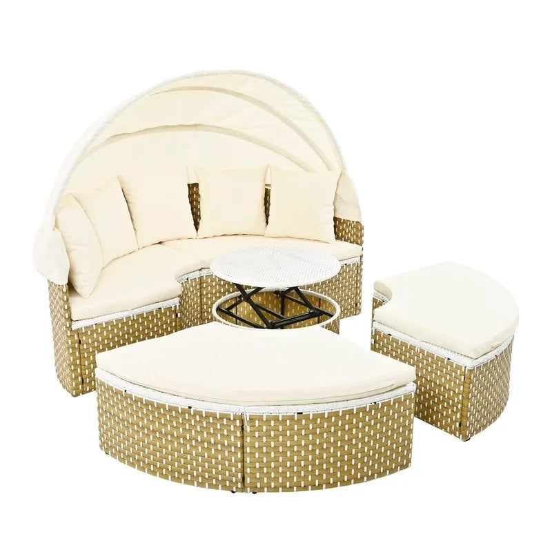 Rundes Outdoor-Tagesbett, zweifarbiges Flecht-Sonnenbett mit versenkbarem Dach