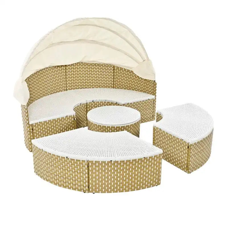 Rundes Outdoor-Tagesbett, zweifarbiges Flecht-Sonnenbett mit versenkbarem Dach