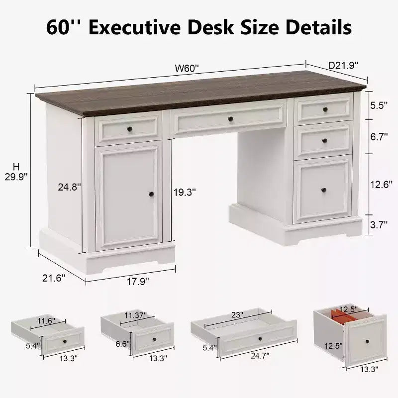 60-Zoll-Schreibtisch im Landhausstil fürs Homeoffice – Holzschreibtisch mit Schubladen und Stauraum im Schrank, rustikaler Schreibtisch für Arbeit und Studium