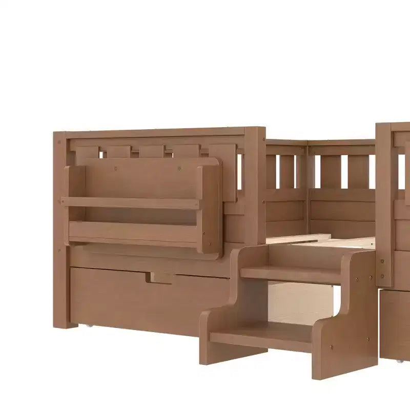 Bellemave Queen-Size-Kleinkindbett mit 14 Sicherheitsgeländern, platzsparender Bettrahmen mit integrierten Bücherregalen & 2 Schubladen unter dem Bett