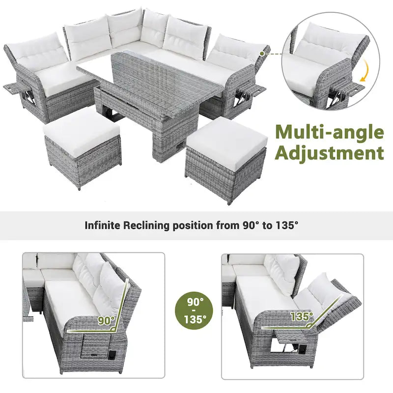 Outdoor-Rattan-Ecksofa-Set mit verstellbarem Tisch und Relaxsesseln