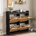 Schuhschrank mit 4 Klappfächern, Schuhschrank aus Holz mit Rattantüren und verstellbaren Einlegeböden – freistehender Schuh-Organizer