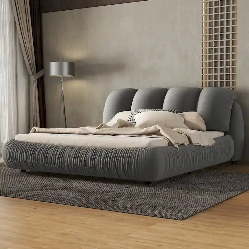 Luxuriöses gepolstertes Queensize-Bett mit hohem Kopfteil, Samtbett in Queensize mit übergroßer gepolsterter Rückenlehne