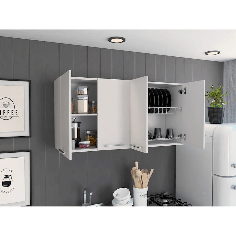 Wandschrank 120, vier Türen, zwei Fächer, zwei Einlegeböden - Weiß