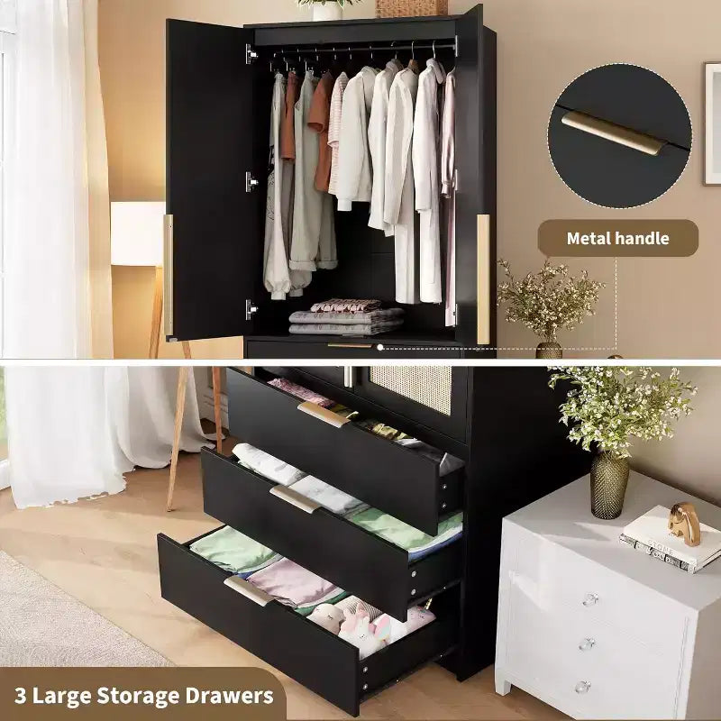 Kleiderschrank mit 2 Türen, 3 Schubladen und Kleiderstange