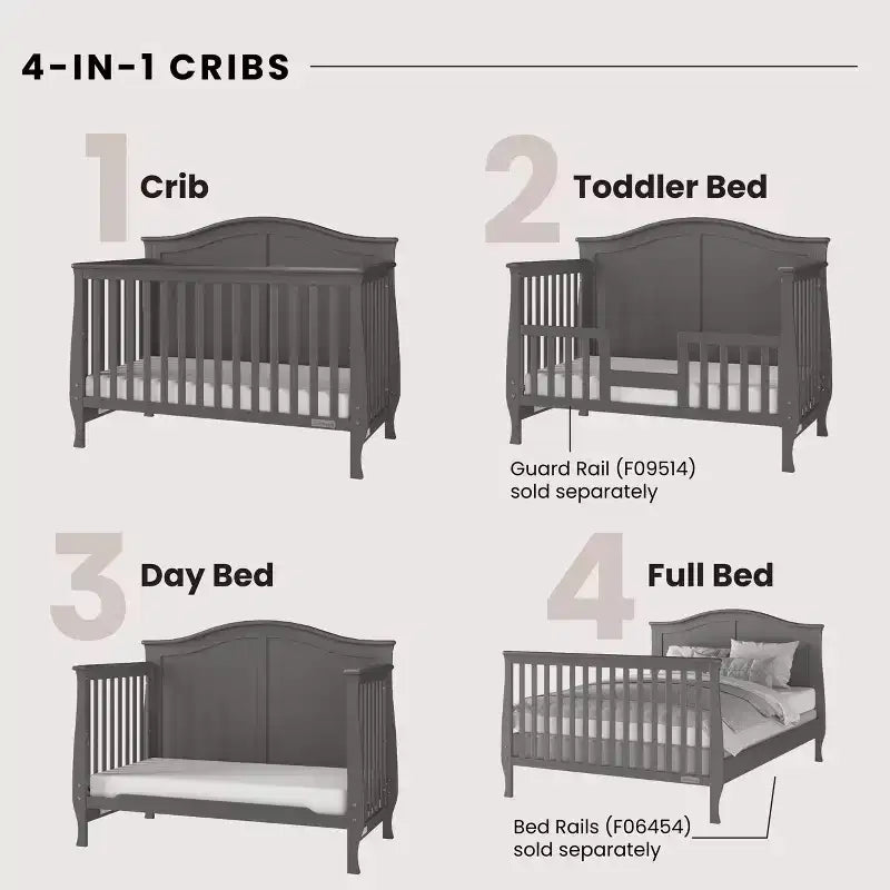 4-in-1-Wandlungsfähiges Babybett, wandelbar zum Tagesbett, Kleinkindbett und Full-Size-Bett, 3 Matratzenpositionen, babyfreundliche Oberflächenbeschichtung