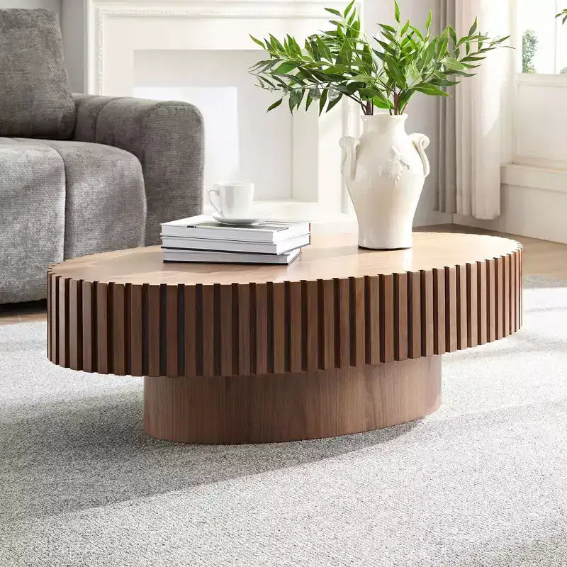 Ovaler/Quadratischer Couchtisch, minimalistischer geriffelter Mitteltisch, Beistelltisch, natürliche Esche/Nussbaum/Mattschwarz – ModernLuxe